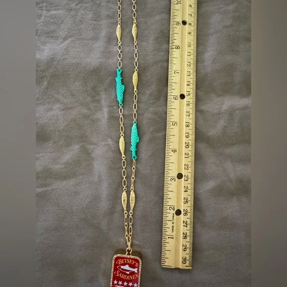 Betsey Johnson Betsey’s Sardines red can Jewels Rhinestone Fish Pendant Necklace - Picture 4 of 6